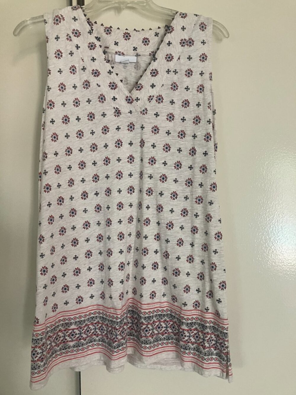 J Jill V Neck Sleeveless Knit Border Print Tunic Size Small